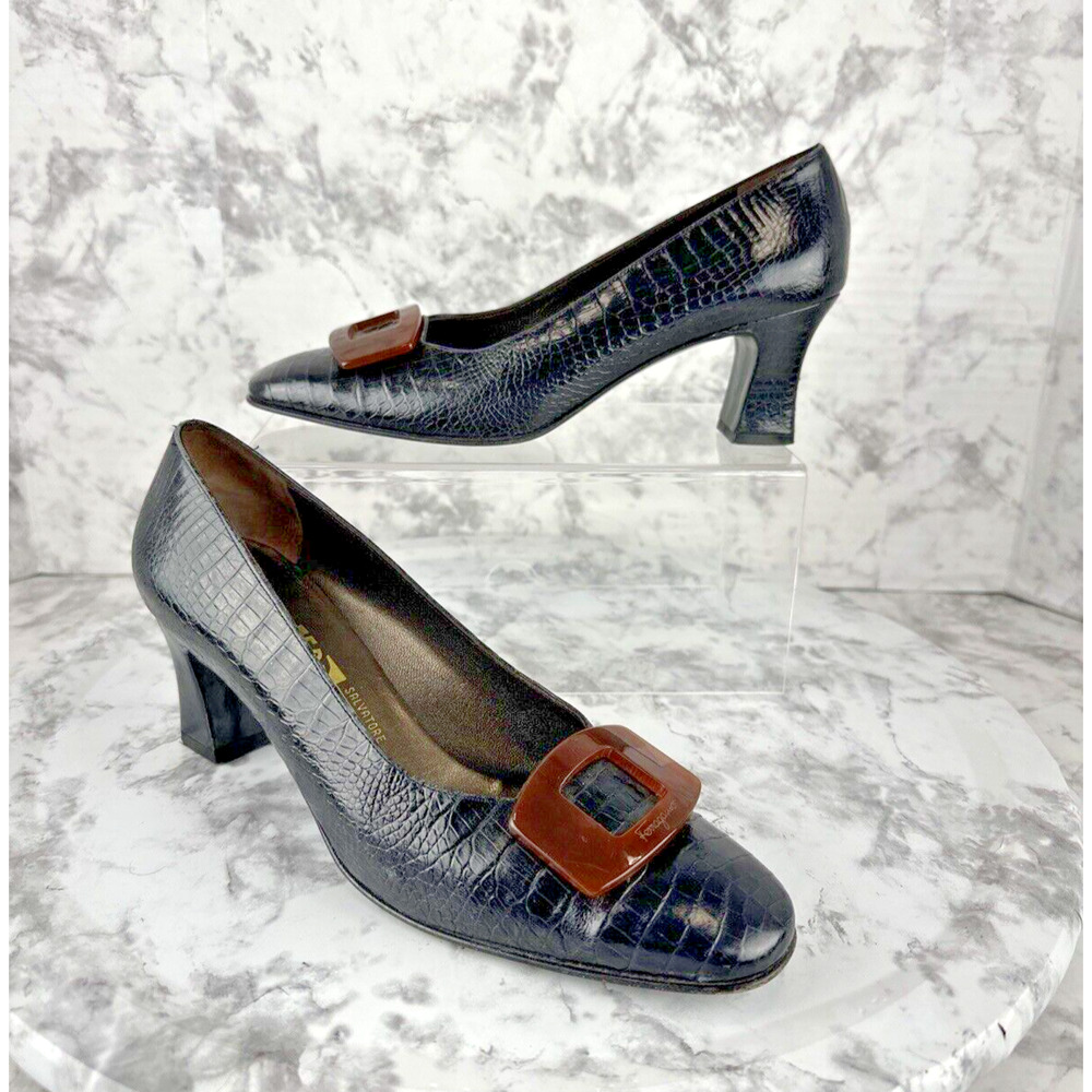 Vintage Salvatore Ferragamo‎ Black Leather Heels Size 9 AA Tortoise Shell Buckle